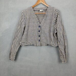 Robert Stevens Cropped Jacket Womens‎ Large Tan Navy Blue Gingham Button Front